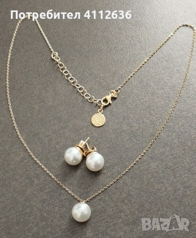 Комплект сребърно колие и обеци с перли и позлата на марката Majorica , снимка 2 - Бижутерийни комплекти - 53988778
