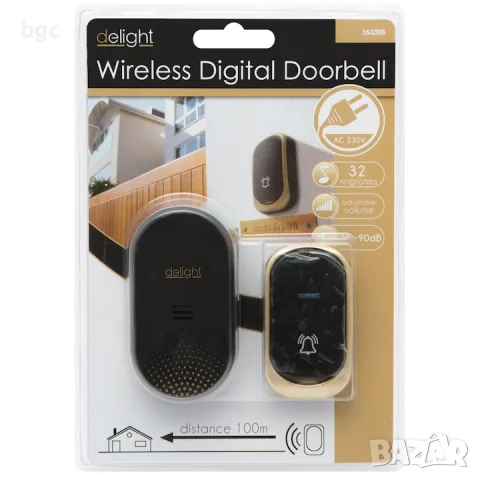 НОВ  Звънец Delight, Wireless, 32 тона, 12V, 60-90 dB, 100 м, Черен/Златист , снимка 2 - Други - 55630686