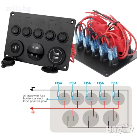 Автомобилен контролен панел с 5 бутона ON/OFF, IP65, 12V/24V – с волтметър, USB и гнездо 10228, снимка 5 - Друга електроника - 54661202
