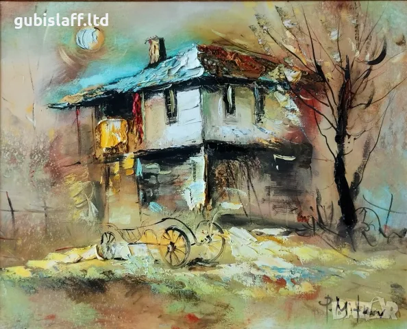 Картина, пейзаж, къщи, худ. П. Митков, 2017 г., снимка 2 - Картини - 55701280