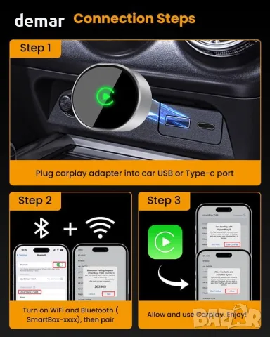 BANKKY безжичен CarPlay адаптер за iPhone, Dongle за iOS 10+ и 2016+ с кабел, снимка 6 - Аксесоари и консумативи - 55510909