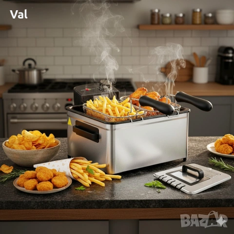 Фритюрник Cheffinger CF-EDP5.0 – 5L, 2000W, неръждаема стомана, 3 кошници, регулируема температура
