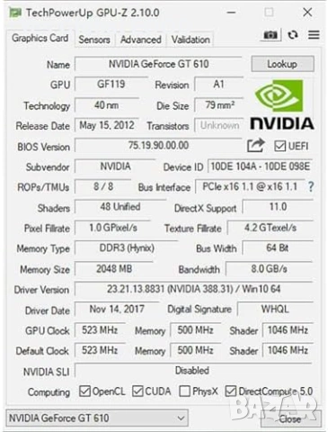 SAPLOS GeForce GT 610 2GB DDR3 Low Profile HDMI, снимка 5 - Видеокарти - 54549549