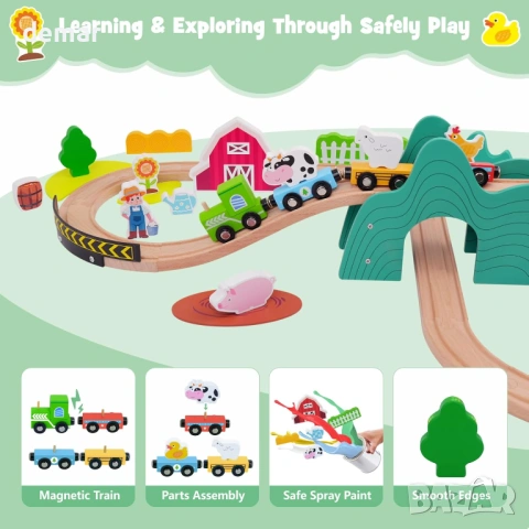 SIMPLIPLAY Комплект дървено влакче за малки деца 3-5 години, Монтесори, 49 части, снимка 3 - Образователни игри - 54650200