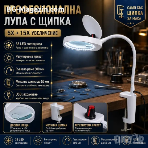Професионална голяма увеличителна настолна лупа с щипка LED осветление за четене гоблени бродиране, снимка 2 - Други инструменти - 50920943