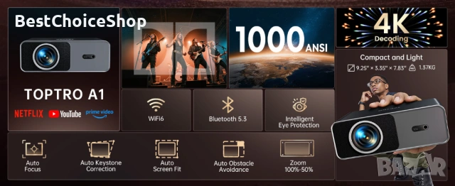 Проектор TOPTRO A1 Smart 4K WiFi 6 Netflix, снимка 13 - Плейъри, домашно кино, прожектори - 54856964