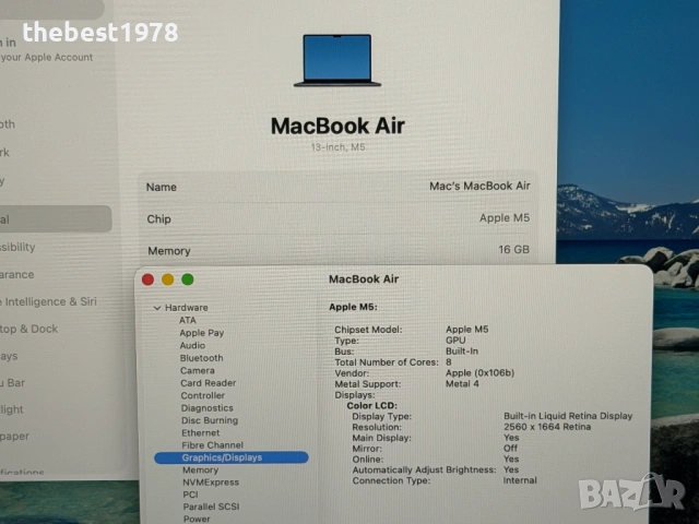 MacBook Air 13 M5`10 CPU/8 GPU/16GB RAM/512GB SSD/Гаранция/Батерия 100%-15 Цикъла/Midnight Blue/Като, снимка 7 - Лаптопи за работа - 54780161