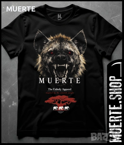 Черна тениска LA MUERTE JUNGLE със свирепа хиена и впечатляващ графичен дизайн.
