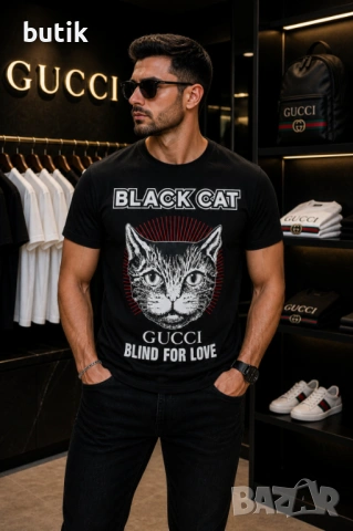 Gucci Black Cat черна мъжка тениска – S, XL, XXL, снимка 2 - Тениски - 54427161