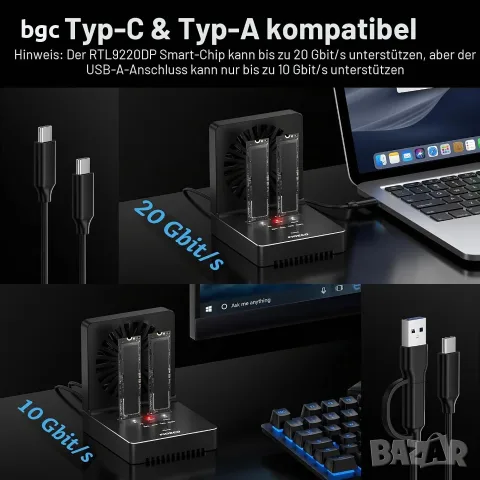 Докинг Станция NVMe M.2 SATA SSD Cloner, USB 3.2 Gen 2, 20 Gbps, сгъваем охлаждащ вентилатор,, снимка 5 - Друга електроника - 55539047