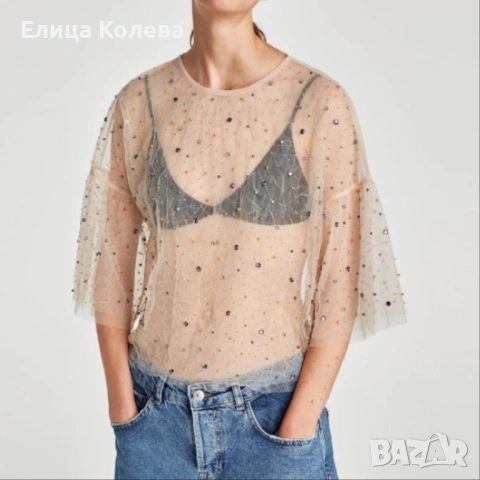 Zara размер М прозрачен топ с пайети