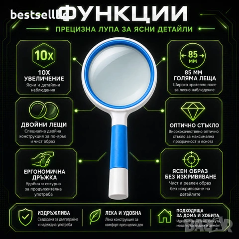 Ръчна увеличителна стъклена лупа с голямо увеличение 10X за четене, снимка 6 - Други инструменти - 46833855