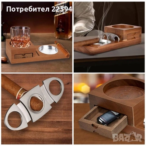 Дървена стойка за чаша с алуминиев пепелник и ножица за пури, цигари, пурети, подарък за мъже, снимка 3 - Други - 54791870