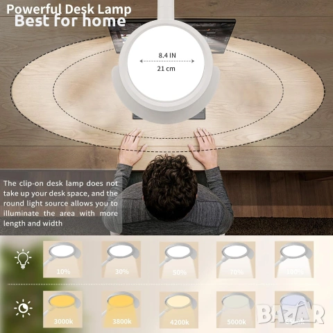30" LED настолна лампа със скоба, 8.4" пръстеновидни светлини, естествена светлина, предпазва очите, снимка 6 - Настолни лампи - 54994922