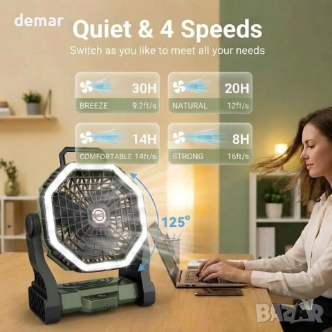 Къмпинг вентилатор с батерия 10000mAh и светлина, 4 скорости, зелен, снимка 5 - Вентилатори - 54109271