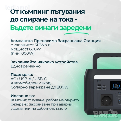 600W Преносима Захранваща Станция с LiFePO4 Батерия и Wi-Fi, снимка 2 - Друга електроника - 54144210