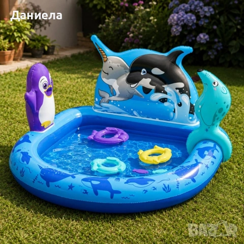 Надуваем детски басейн с морски животни, водни играчки и игра за хвърляне на халки