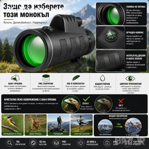 Силен джобен монокъл BUSHNELL 18×62 бушнел с голямо увеличение за лов живони птици туризъм бинокъл, снимка 5 - Екипировка - 50931171
