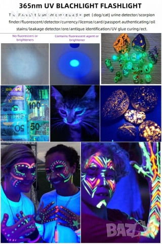 Alonefire 365nm UV Фенер акумулаторна флуоресцентна лампа за откриване на петна, течове масло, пари, снимка 12 - Лед осветление - 52662592