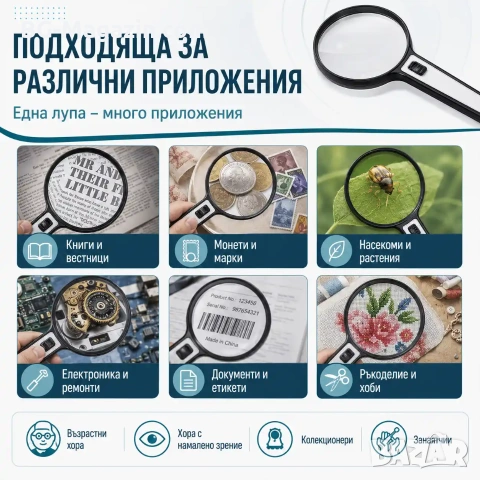 Голяма ръчна лупа 10X с LED осветление за четене стъклена увеличителна мощна дръжка професионална, снимка 7 - Други инструменти - 50919717