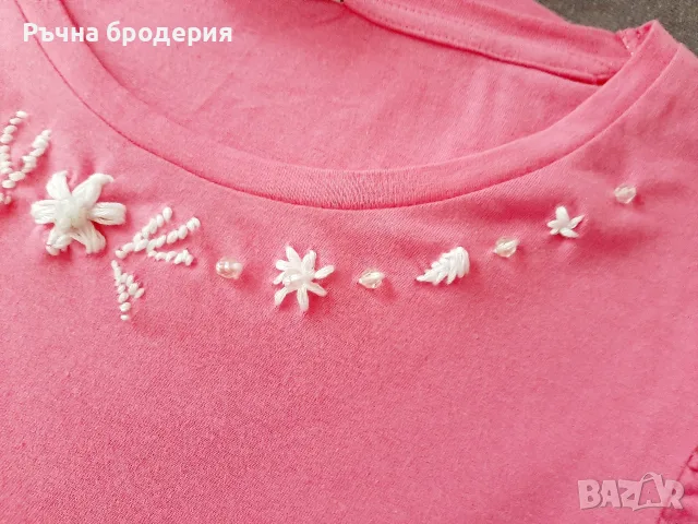 Блуза с нежна ръчна бродерия, къдри и мъниста, снимка 6 - Тениски - 55326625