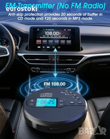 Преносим CD плейър Greadio CD-35 с Bluetooth, акумулаторна батерия 2000mAh, съвместим FM трансмитер, снимка 3 - MP3 и MP4 плеъри - 55647083