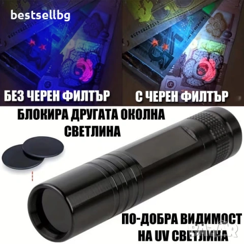 Мощен UV фенер 365nm с черен филтър ув фенерче лампа за фалшиви пари печати смола урина на батерии, снимка 4 - Друга електроника - 54366637