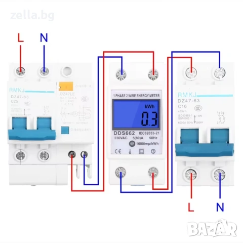 Монофазен електромер за DIN шина 35mm LCD 5(80)A 230V с измерване на kWh, напрежение 10419, снимка 8 - Друга електроника - 54693021