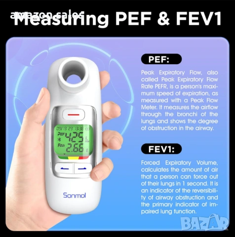 Пиков дебитомер Sonmol,Bluetooth,PEF и FEV1 за деца,възрастни,астма,ХОББ и други белодробни - нов, снимка 11 - Други - 54386882