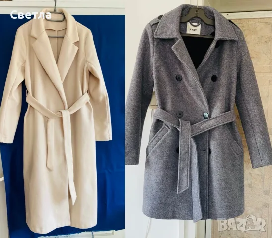 РАЗПРОДАЖБА Палта дамски, р-ри S/XS, 2 вида - сиво без забележки - € 37 и светло бежово, ново - € 18