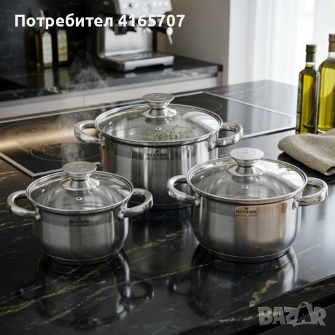 Комплект тенджери Maxmark от неръждаема стомана – 6 части с многослойно дъно, снимка 4 - Съдове за готвене - 54477906