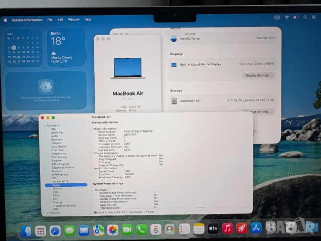 Apple Macbook Air 2022 M2 16 GB Ram Перфектен, снимка 2 - Лаптопи за работа - 54425469