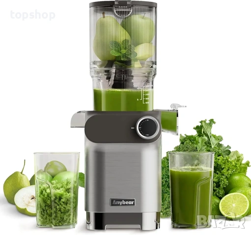 Нова Бавнооборотна сокоизстисквачка Anybear Cold Press Juicer – голям отвор (4.3"), Сребриста  