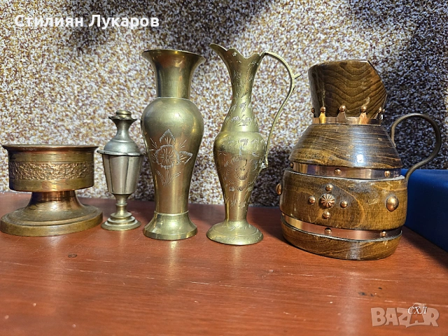 Лот медни антики - кана, амфора, вазичка, парфюмник, мастилница