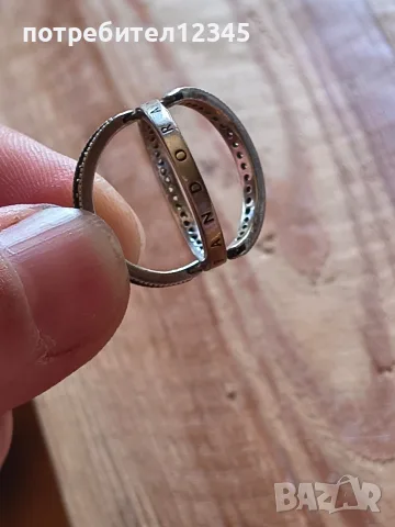 Оригинален сребърен пръстен Pandora Signature Logo Pavé & Beads – размер 50, снимка 2 - Пръстени - 55603096