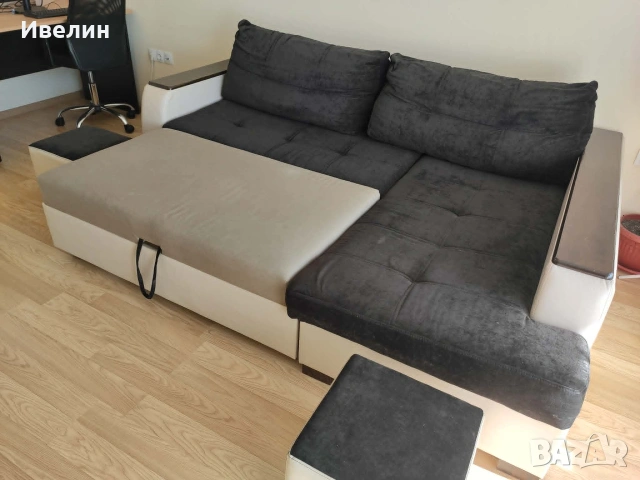 Разтегателен диван с 2 табуретки, снимка 5 - Дивани и мека мебел - 55229384