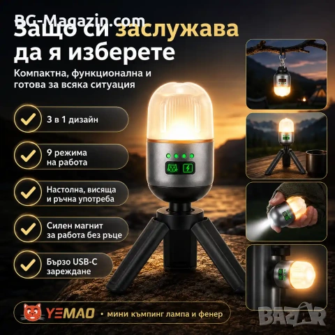 Мощна мини къмпинг лампа акумулаторна LED осветление фенер за палатка туризъм аварии къща риболов, снимка 4 - Къмпинг осветление - 54340617
