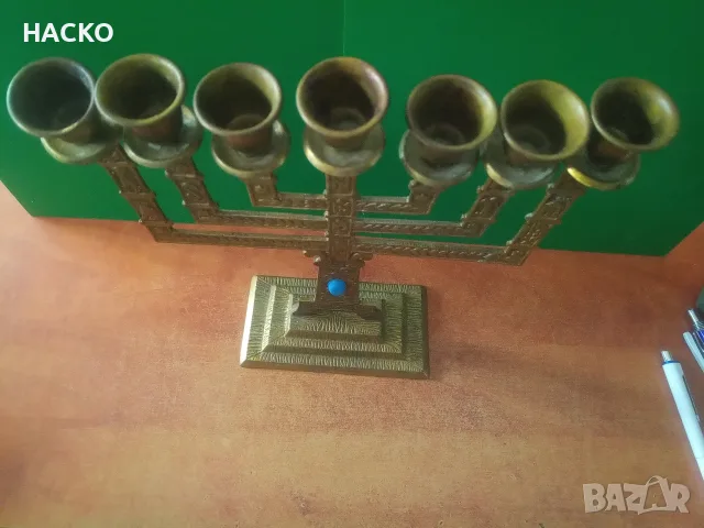 Еврейска Седемразклонена МЕНОРА от Месинг със Син Камък Прозход Израел, снимка 8 - Други ценни предмети - 55301347