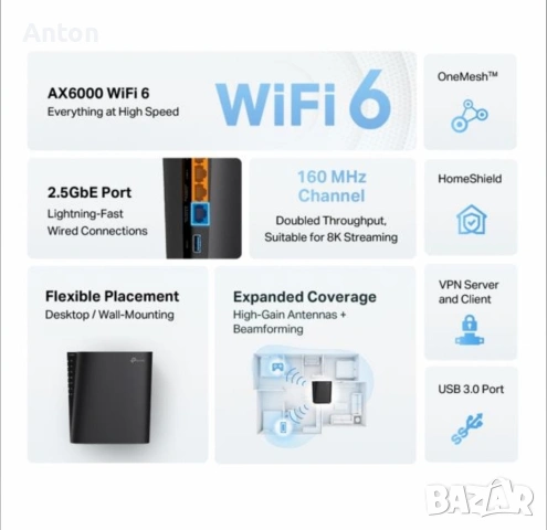 Безжичен рутер TP-Link Archer AX80, AX6000, Dual Band, Wi-Fi 6 , снимка 6 - Рутери - 54490950