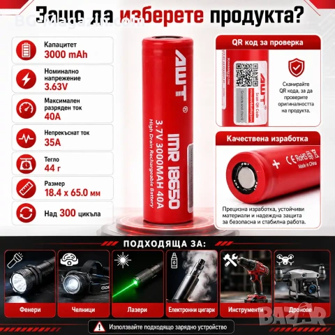 Професионална литиева батерия 18650 3000mAh 40A 3.7V AWT презареждаща се за фенри прожектори лазери, снимка 5 - Друга електроника - 51102739