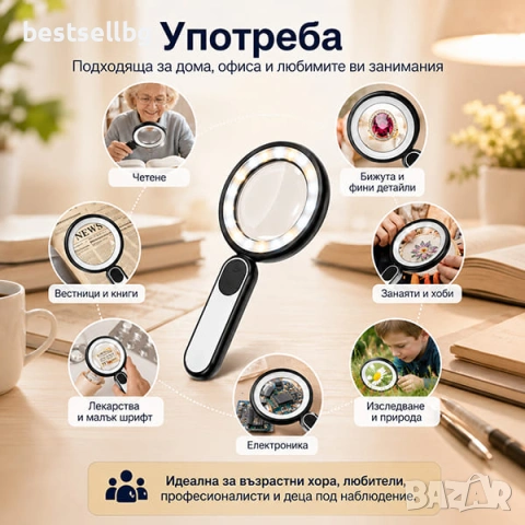 Увеличителна ръчна лупа лед осветление голямо увеличение 15X за четене, снимка 3 - Други инструменти - 37213923