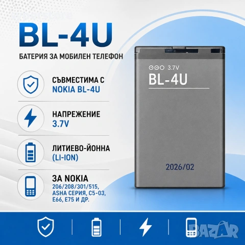 Батерия BL-4U за Nokia SP01455 BL-4U, Съвместима с Nokia BL-4U, Напрежение 3.7V, снимка 3 - Оригинални батерии - 55055175