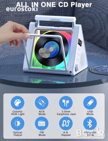 Преносим CD плейър Greadio CD02,  RGB светлини, 2 * 10W HIFI система, Bluetooth 5.3, 4000mAh батерия, снимка 8 - MP3 и MP4 плеъри - 55249546