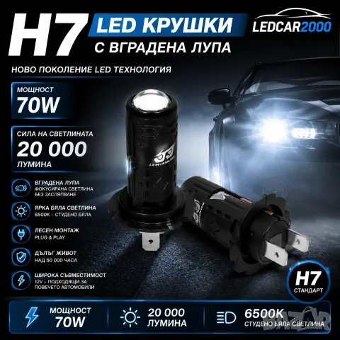 LED крушки H7 с вградена лупа 60W / 20 000 lm + ПОДАРЪК 2 бр. T10 LED, снимка 4 - Аксесоари и консумативи - 55360355
