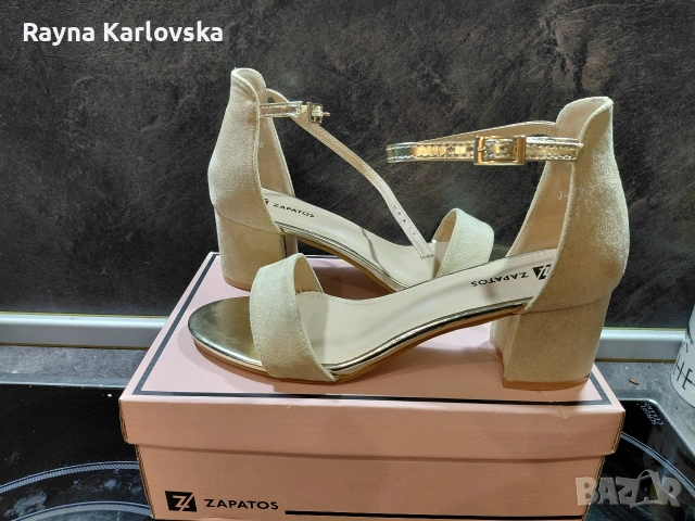 Нови елегантни бежови сандали Zapatos с дебел ток – Номер 38, снимка 3 - Сандали - 54393303