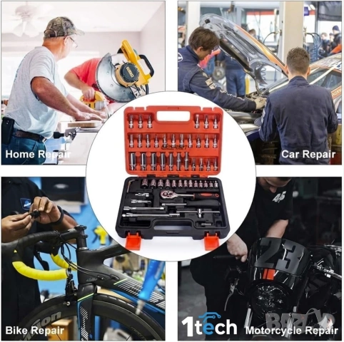  Професионален комплект инструменти 1TECH HT-53, Гедоре 53 части, Тресчотка, Дълбоки вложки, В куфар, снимка 2 - Други инструменти - 53974797