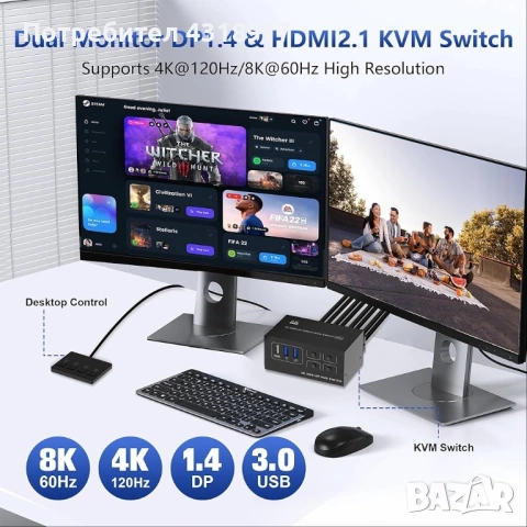 KVM превключвател за 4 компютъра и 2 монитора, HDMI + DP порт 8К 60Hz, снимка 4 - Други - 54438167