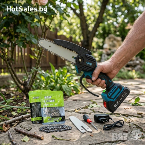 Акумулаторен трион UKC 48V – Компактна 6″ верижна резачка с 2 батерии, снимка 4 - Градинска техника - 54029474