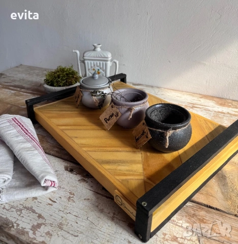 🌿 Ръчно изработен дървен поднос с геометричен дизайн и черни дръжки, снимка 13 - Прибори за хранене, готвене и сервиране - 54212781