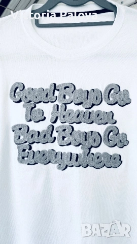 Ефектна бяла блуза с 3D релефна бродерия - "Good Boys Go To Heaven", снимка 3 - Блузи с дълъг ръкав и пуловери - 54189359